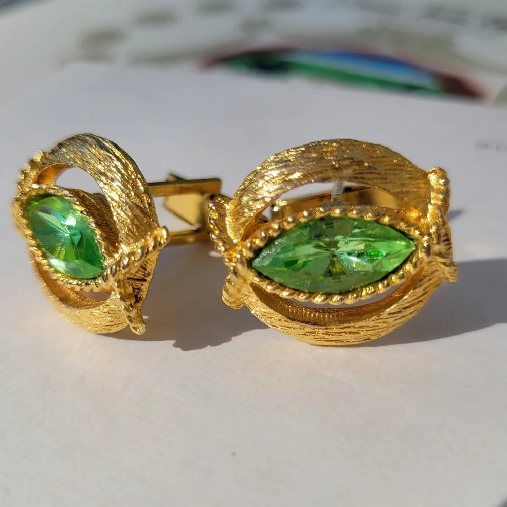Vintage Cufflinks Green Rhinestone & Gold-tone Corded Metalwork ~ Snazzy! Retro!